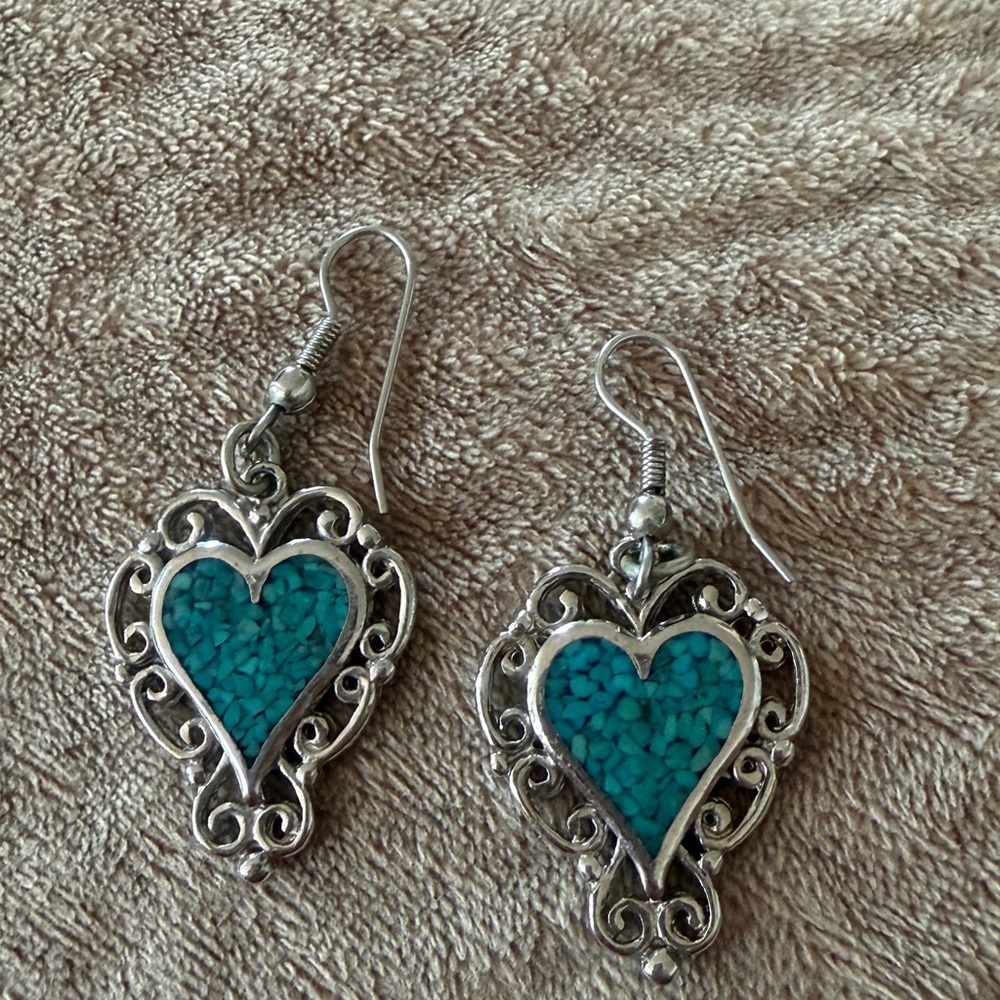 Elegant Silver Heart Earrings with Turquoise Accents